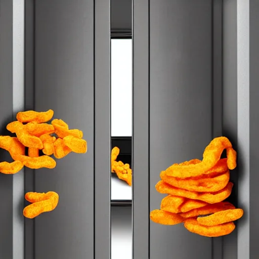 Prompt: photo looking through the door of a bank vault, a pile of documents and a bag of cheetos on the table, soft shadows, highly detailed