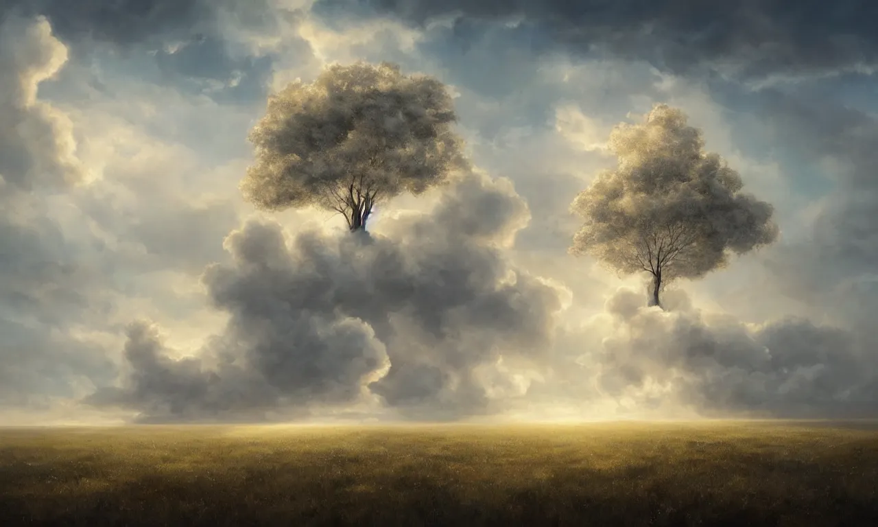 Image similar to a beautiful digital painting of a white tree merged in the clouds, birds flying in the sunlight, totaly white trunk made of smoke, blue sky at sunset, elegant, highly detailed, artstation, concept art, matte, sharp focus, art by tom bagshaw, kelogsloops and greg rutkowski