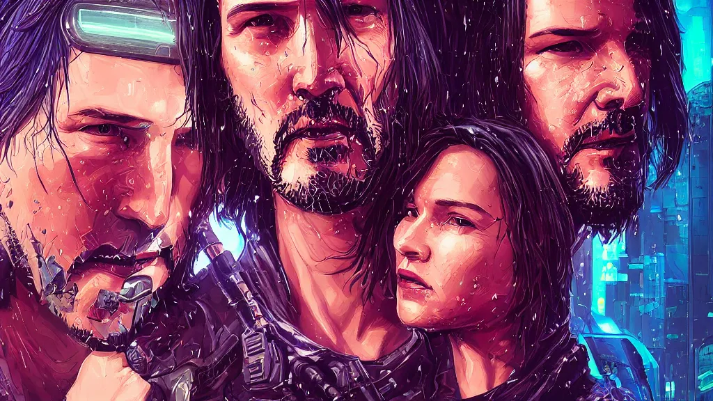 Image similar to a cyberpunk 2077 srcreenshot couple portrait of Keanu Reeves and V final kiss,love,film lighting,by Laurie Greasley,Lawrence Alma-Tadema,Andrei Riabovitchev,Dan Mumford,John Wick,Speed,Replicas,artstation,deviantart,FAN ART,full of color,Digital painting,face enhance,highly detailed,8K,octane,golden ratio,cinematic lighting