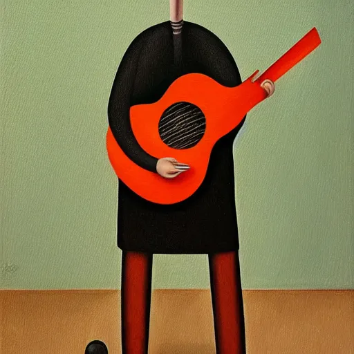 Image similar to a painting of a man wearing striped shirt, playing the guitar by gertrude abercrombie. precisionism, surrealism, dark, low contrast, featured on pixiv, art on instagram, detailed painting