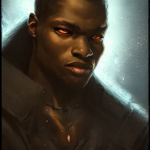Image similar to a black male rogue, detailed face, symmetric face, hyperrealism, epic fantasy digital art, fantasy style art, by Greg Rutkowski, fantasy magic the gathering card art style