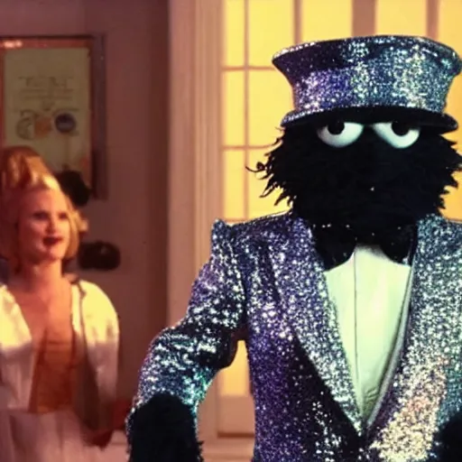 Image similar to Oscar the Grouch in a sparkly white tuxedo in an episode of the tv show American Horror Story (1998), vintage VHS video