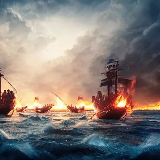 Image similar to An Epic viking sea battle at night, fire and smoke, realistic 4k octane beautifully detailed render, 4k post-processing, highly detailed, intricate complexity, epic composition, magical atmosphere, cinematic lighting, masterpiece, ultra hd