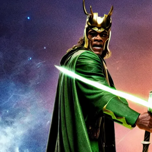 Image similar to film still of Samuel L Jackson as Loki, wearing Loki Helmet, wielding a powerful magical staff, in new Avengers film