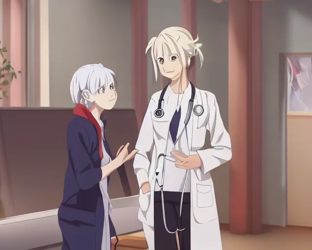 Image similar to a cute young female doctor wearing white coat are talking to a women in red shirt in a hospital, silver hair, slice of life anime, lighting, anime scenery by Makoto shinkai