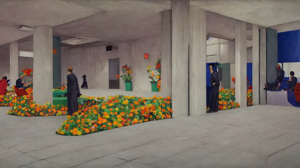 Image similar to seeral people waiting in bus stop with colorful minimalist industrial interior hallway with monolithic pillars in the style of ridley scott and stanley kubrick, impossible stijl architecture, bed of flowers on floor, ultra wide angle view, realistic detailed painting by edward hopper