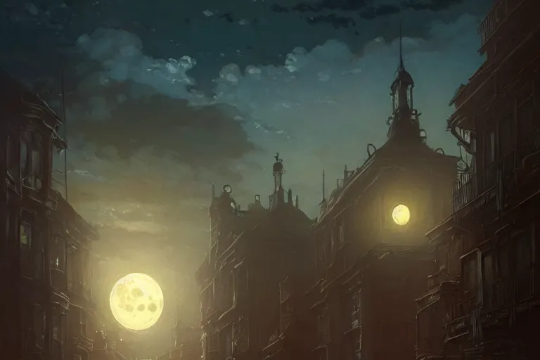 Image similar to an lovecraftian horror in the sky above a victorian city, scene in the night. full moon, 1 8 9 0, key visual, conceptart, ambient lighting, highly detailed, digital painting, artstation, concept art, sharp focus, by makoto shinkai and akihiko yoshida and greg manchess