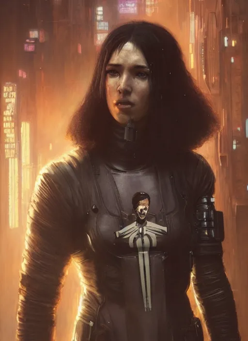 Prompt: Cyberpunk female version of the punisher (blade runner 2049, cyberpunk 2077). Beautiful face and afro. Orientalist portrait by john william waterhouse and James Gurney and Theodore Ralli and Nasreddine Dinet, oil on canvas. Cinematic, hyper realism, realistic proportions, dramatic lighting, high detail 4k