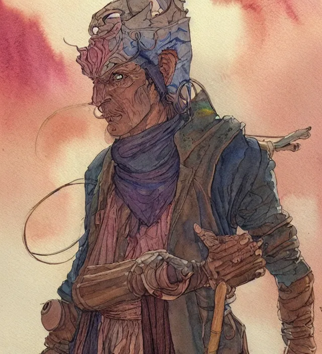 Image similar to a watercolor ink painting of a post - apocalyptic tiefling sorcerer in the style of jean giraud in the style of moebius trending on artstation deviantart pinterest detailed realistic hd 8 k high resolution