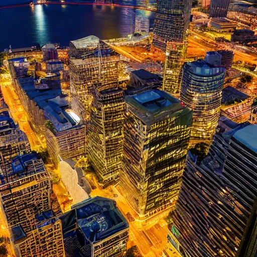 Prompt: Birds eye view of a tampa florida at night, beaches, rectangular city grid with narrow streets, tall brutalist architecture buildings, city lights spilling upwards above the top of the buildings,