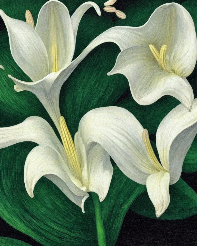 Image similar to achingly beautiful extreme close up painting of one white lily blossom by rene magritte, monet, and turner. piranesi. macro lens, symmetry, circular.