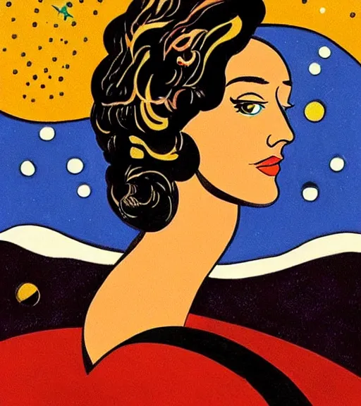 Prompt: A beautiful woman in a starry night by salvador dali, Roy Lichtenstein, detailed illustration, octane, trending on ArtStation