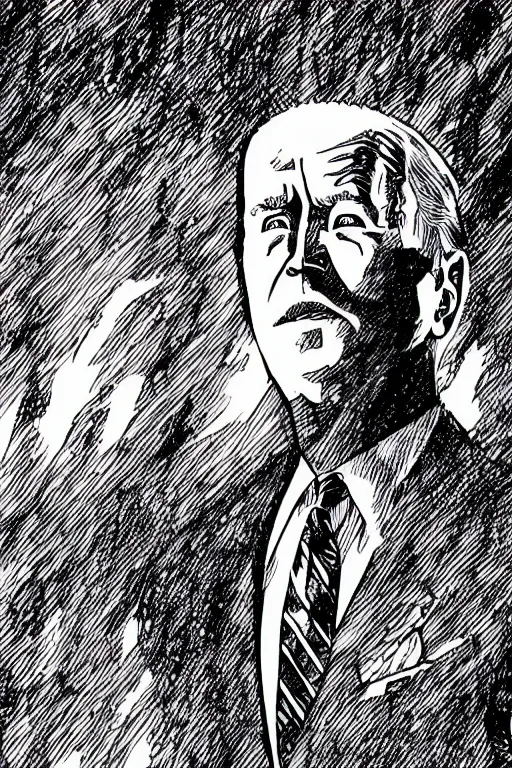 Image similar to Joe Biden full body portrait, body horror, black and white Illustration by Junji Ito