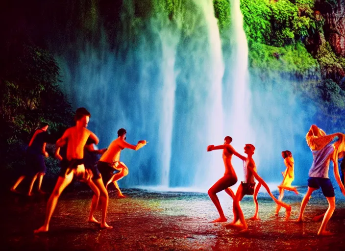 Image similar to people dancing under a waterfall highly detailed sharp zeiss lens 3 5 mm kodachrome film masterpiece ryan mcginley moonmilk fireworks trees nature running cave with blue ambient lighting