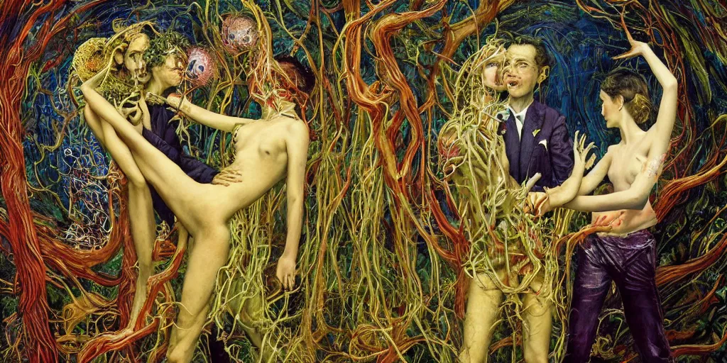 Prompt: two lovers wearing a suit made of nervous system, channeling third eye energy, surrounded by a background of cyber mystic garden of earthly delights, midnight hour, painted part by wojciech siudmak, part by ilya repin, part by norman rockwell, part by zhang jingna, artstation