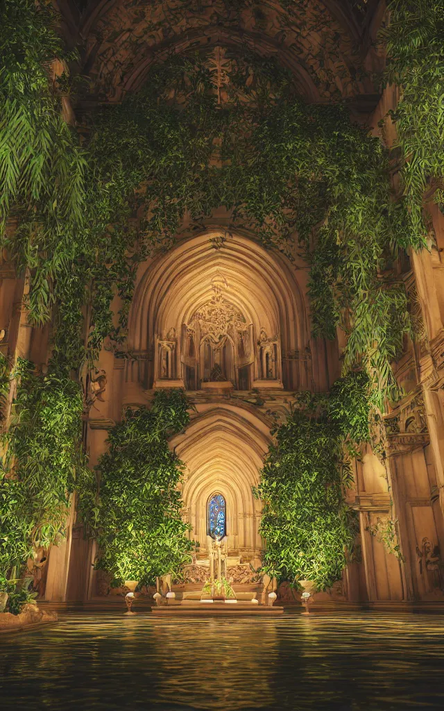 Prompt: cathedral interior at night with koi pond in the middle surrounded by palm trees, ivy, flowers, tropical plants, roses, and with archways, rendered in octane render with photorealistic lighting, cinematic, horizontal symmetry, stars in the sky, baroque, sanctuary, unsplash contest winner, maximalism, sanctuary