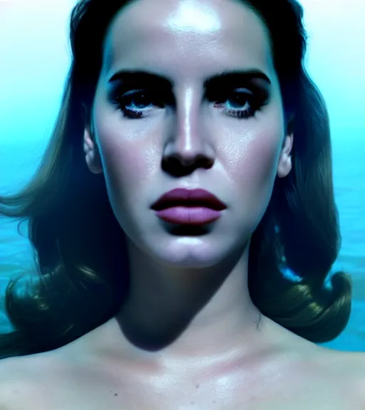 Image similar to underwater portrait of lana Del Rey as a cyborg, octane render, kingdom come by Alex Ross