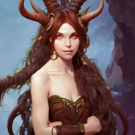 Image similar to cute Whimsical Tiefling Druid with cute horns , light-brown skin, D&D, fantasy, portrait, highly detailed, digital painting, artstation, concept art, sharp focus, illustration, art by greg rutkowski and alphonse mucha