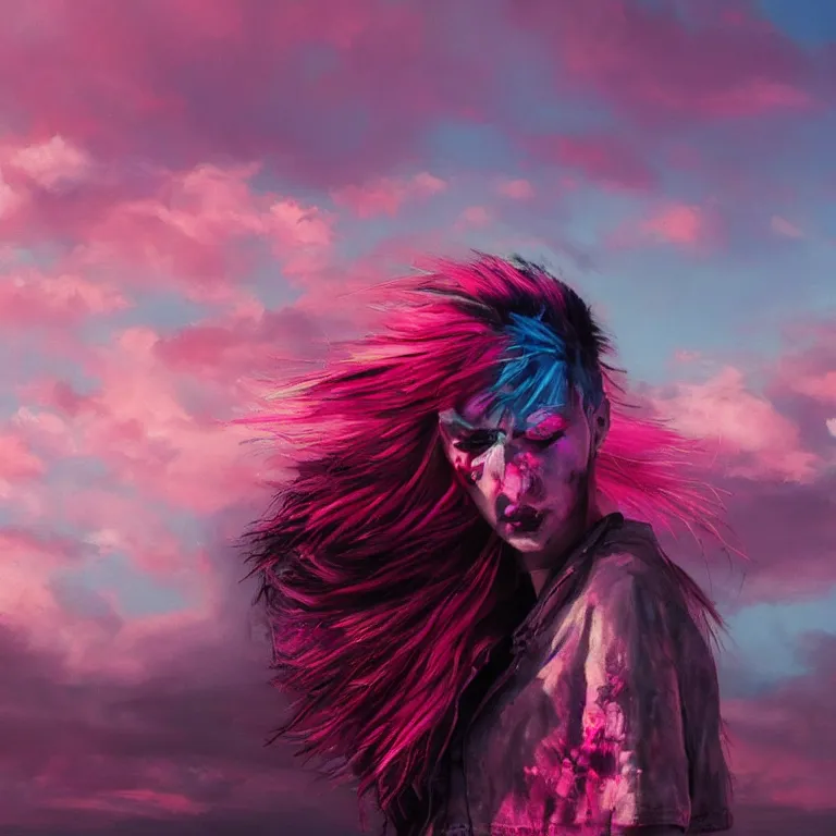 Image similar to oil painting, punk, pretty face, rich deep colors masterpiece, pink, mohawks, neon, ultra detailed, contrast, heaven pink, arches, clouds, sky, volumetric light, atmospheric lighting, dramatic, cinematic, moody, octane render 4 k, 8 k