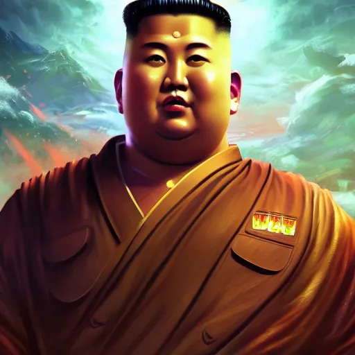 Image similar to portrait of kim - jong un as buddha, league of legends amazing splashscreen artwork, gears of war, splash art, natural light, elegant, photorealistic facial features, intricate, fantasy, detailed face, atmospheric lighting, anamorphic lens flare, cinematic lighting, league of legends splash art, hd wallpaper, ultra high details by greg rutkowski