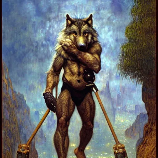 Image similar to a male boarwolfman boar wolf man wearing a shirt furry arms furry body walking stick new york. furaffinity furry art detailed face painting by gaston bussiere craig mullins jc leyendecker gustav klimt artgerm greg rutkowski furry