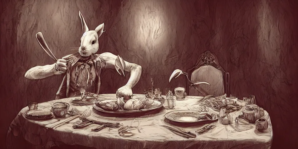 Image similar to An evil detailed white rabbit eating human bodyparts with a knife and fork sitting on a chair at the dinner table, by Mike Francini, Artstation, Dark, Fantasy, bloody, scary, spooky, detailed