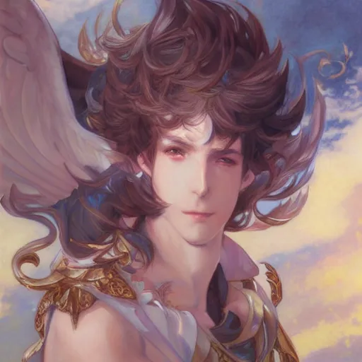 Image similar to a beautiful painting of sandalphon from granblue fantasy, shimmering and prismatic, rococo, by krenz cushart and mucha, trending on artstation.