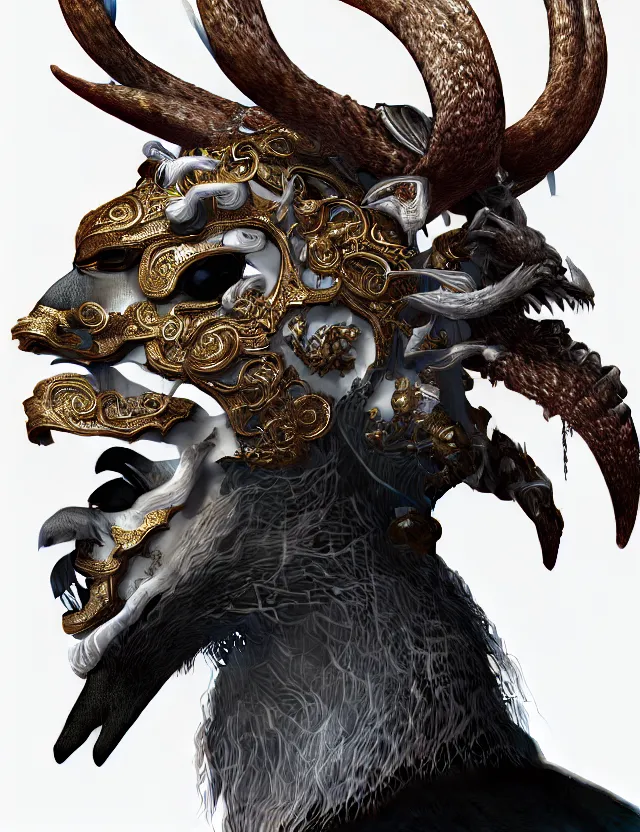 Prompt: 3 d deer god of war close - up profile portrait with crown, ram skull. beautiful intricately detailed japanese crow kitsune mask and classical japanese kimono. betta fish, jellyfish, phoenix, bio luminescent, plasma, ice, water, wind, creature, artwork by tooth wu and wlop and beeple and greg rutkowski
