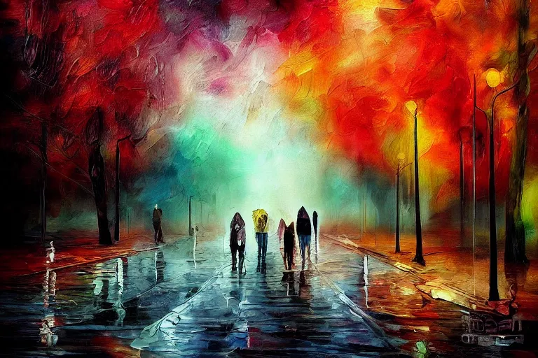 Image similar to amazing landscape painting with moody zealots, crying in the street and unusual colors, random-artist-blend