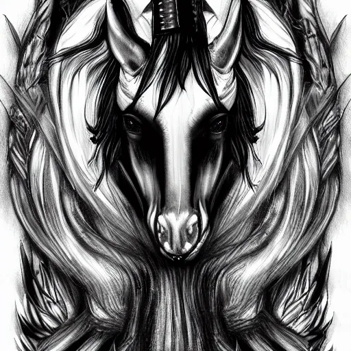 Image similar to my little pony portrait with dark fantasy style, black and white by h. r. giger