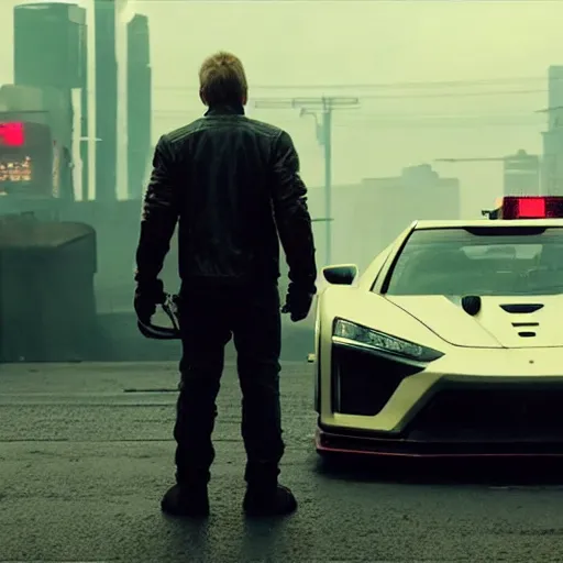 Prompt: cyberpunk street racer wearing black jacket standing next to red Lan Evo X 2077 FRS GTR R35 S15 NSX scene from Bladerunner 2049 Roger Deakins Cinematography movie still 2017