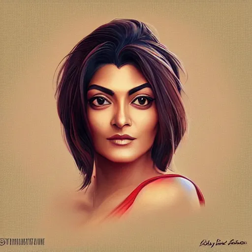 Image similar to “A dreamy masterpiece portrait of Sushmita Sen , artstation”