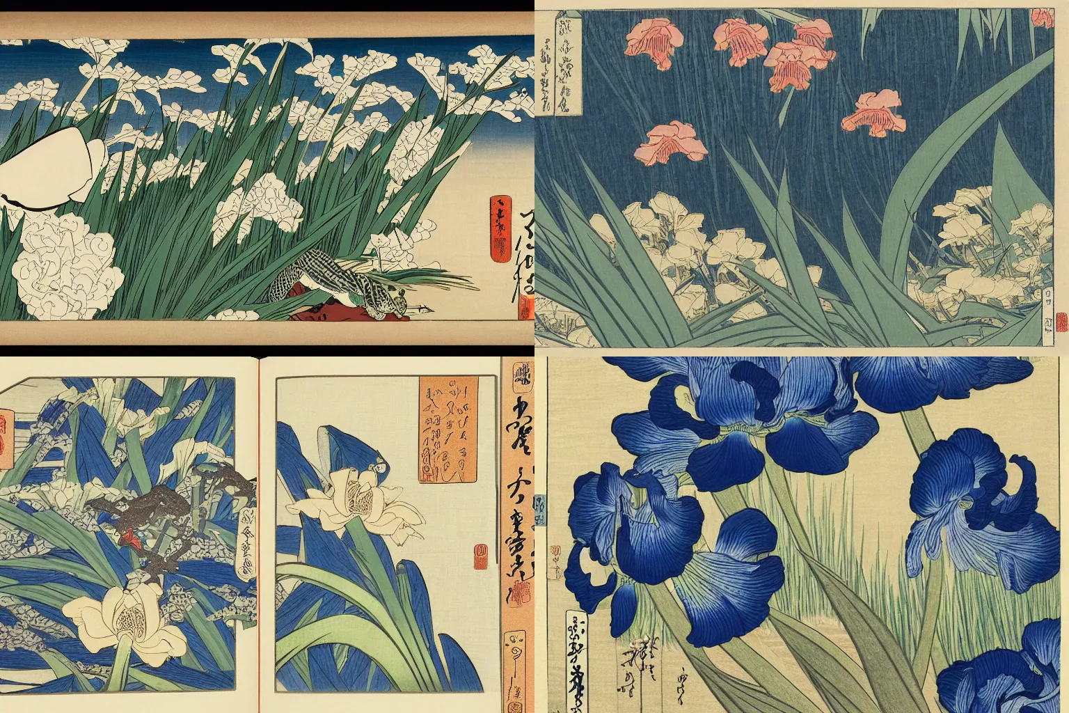 Prompt: a beautiful ukiyo - e drawing of a little grasshopper hidden amongst irises by katsushika hokusai and utagawa hiroshige, masterpiece, hyperdetailed, intricate, complex, 4 k