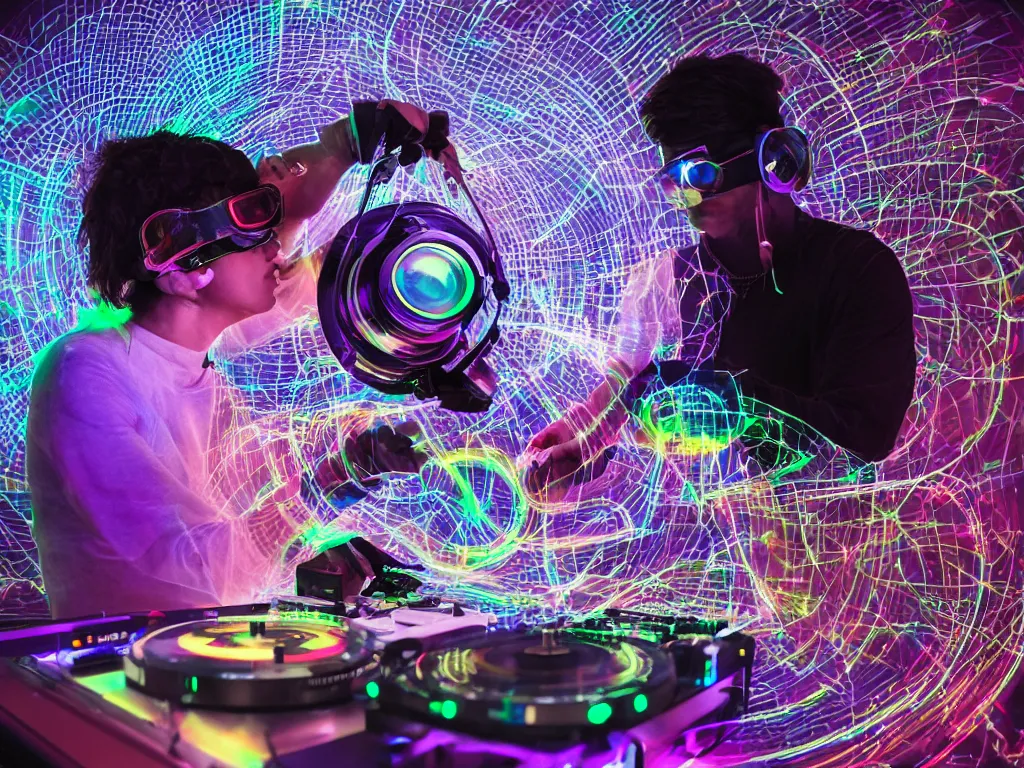 Image similar to a person wearing goggles and visor and headphones using a retro record player contraption, hologram, turntablism dj scratching, light trails, screens, smoky atmosphere, intricate planetary gears, cinematic, imax, sharp focus, leds, bokeh, iridescent, black light, fog machine, hazy, lasers, hyper color digital art