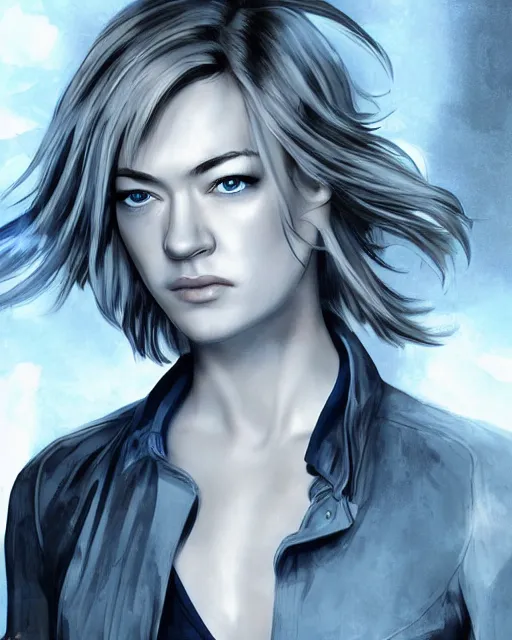 Image similar to yvonne strahovski, full shot, very anime, digital art, captures emotion and movement, ambient lighting, perfect composition, dynamic lighting, detailed face, very extremely detailed blue eyes, smooth shading