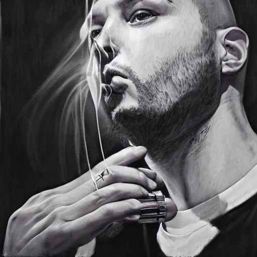 Image similar to beautiful portrait of german rapper kool savas burning up a mic, by katja kuhl, photorealistic, hyperrealism