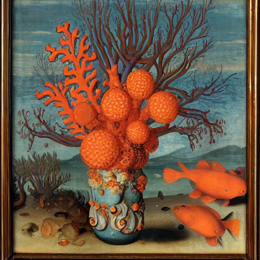 Prompt: bottle vase of coral under the sea decorated with a dense field of stylized scrolls that have opaque outlines enclosing mottled blue washes, with orange shells and purple fishes, Ambrosius Bosschaert the Elder, oil on canvas