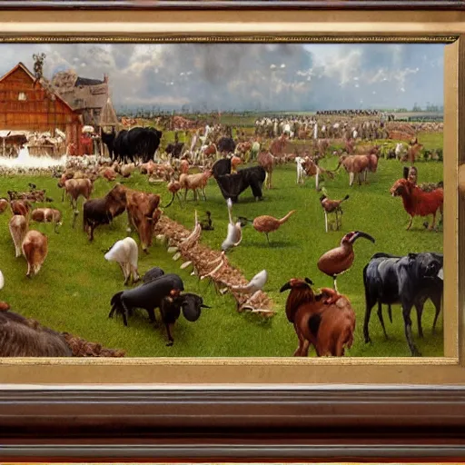 Image similar to an extremely detailed matte painting of the animals leaving noah's ark, dogs, cows, sheep, chickens, ducks, 4 k, noah's ark, antediluvian, by bob ross and norman rockwell