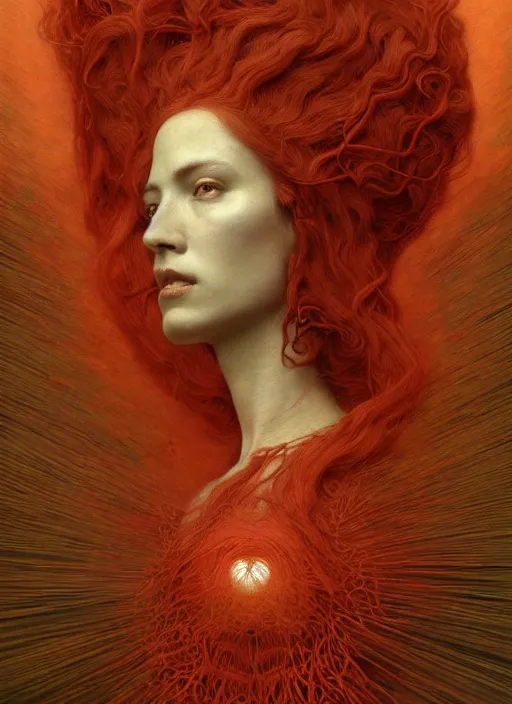 Image similar to Woman masterpiece, beautiful eyes, red, golden halo behind her head, red wires wrap around, by Edgar Maxence and Ross Tran, Zdzisław Beksiński, and Michael Whelan, distant, gustav dore, H.R. Giger, 8k, octane render