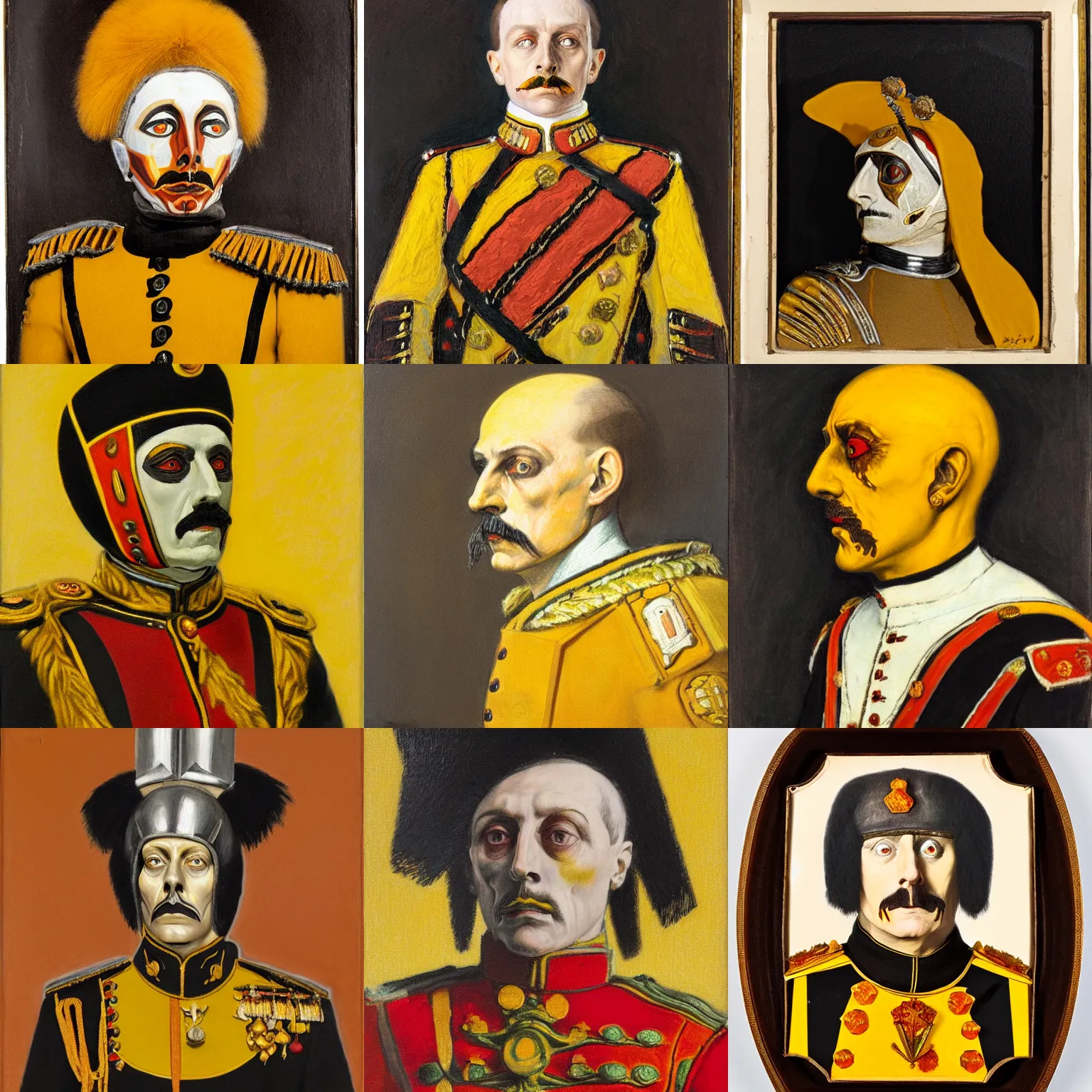 Prompt: portrait of hussar in the style of martian realism ( 1 9 1 1 ), yellow ochre, ( ivory black ), vermillion, and titanium white