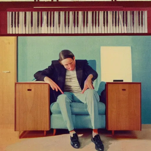 Image similar to a mid - century album cover with soft colors featuring a stressed out dad in his music room