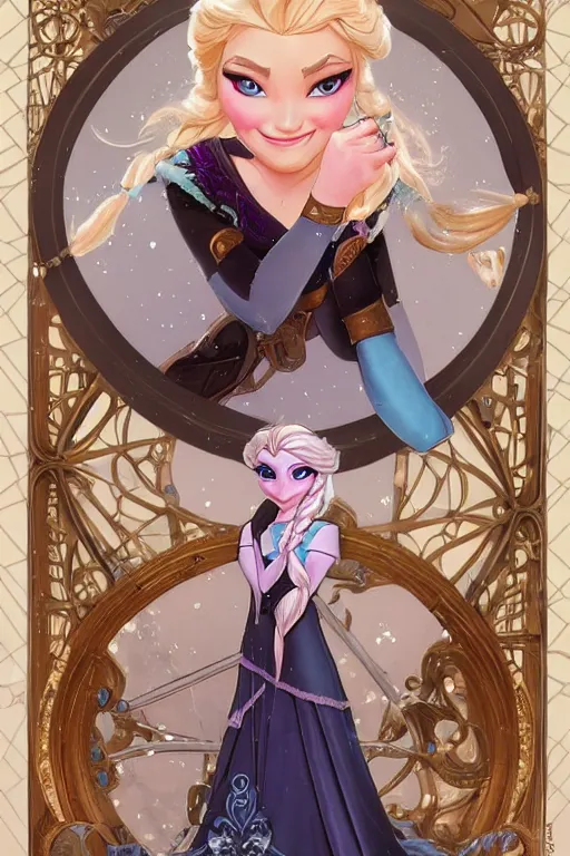 Image similar to elsa from frozen as steampunk princess, blonde hair, high fantasy, dnd, smooth, sharp focus, illustration, highly detailed, digital painting, artstation, concept art, by disney animation, rossdraws, alphonse mucha, frank fanzzeta, collectible card art