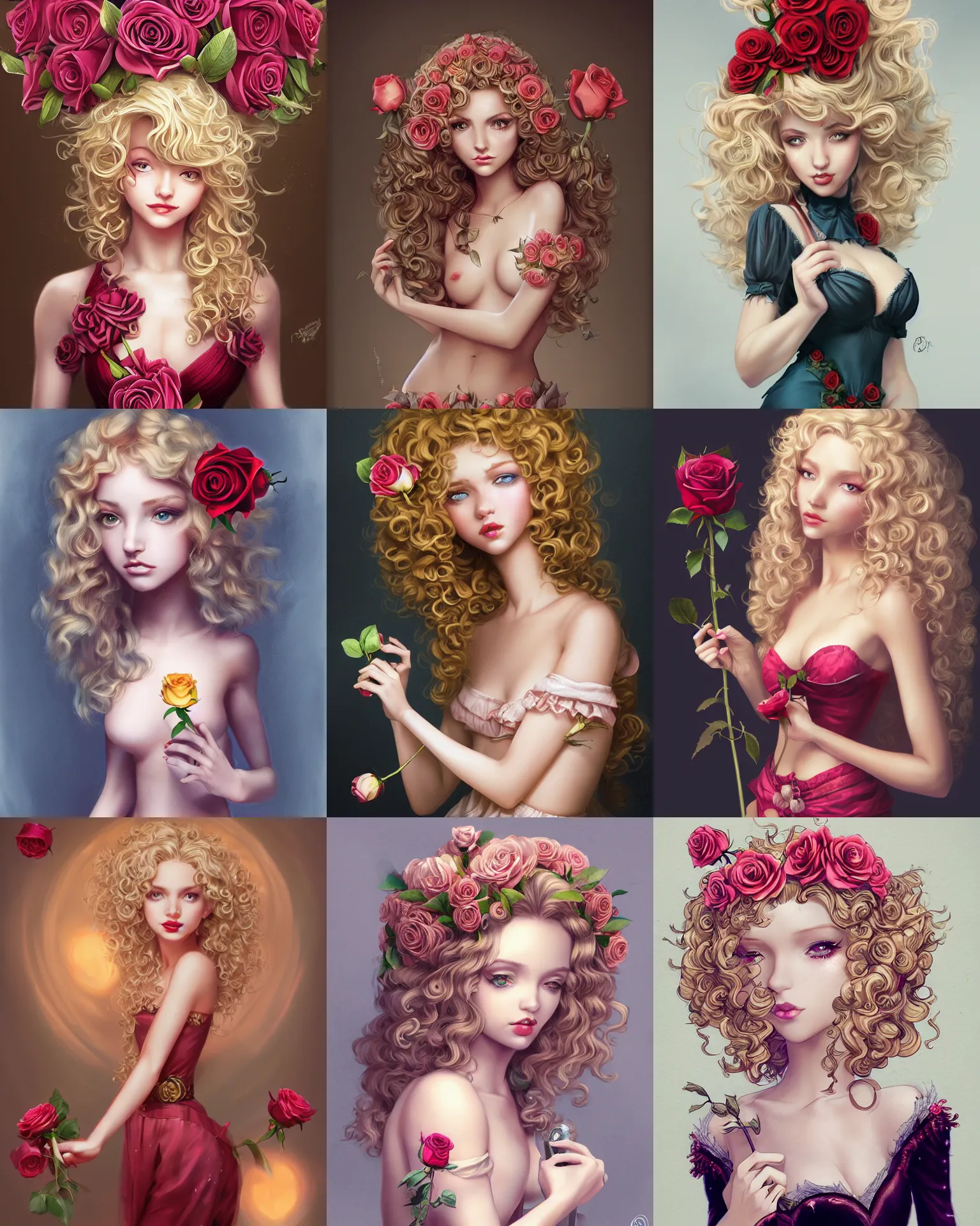 Prompt: beautiful mouse - girl, blonde curly hair, holding a rose, dark fantasy, feminine figure, gorgeous, pretty face, beautiful body, revealing outfit, high detail, tempting, realistic, cgsociety, james jean, trending on artstation