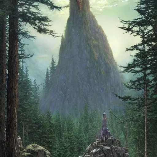 Prompt: Large forest with great magical stone Wizard tower standing proudly above the treeline, wide angle, cinematic, art by Donato Giancola and Bayard Wu, digital art, trending on artstation