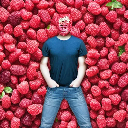 Image similar to studio photograph of a man made entirely out of raspberries