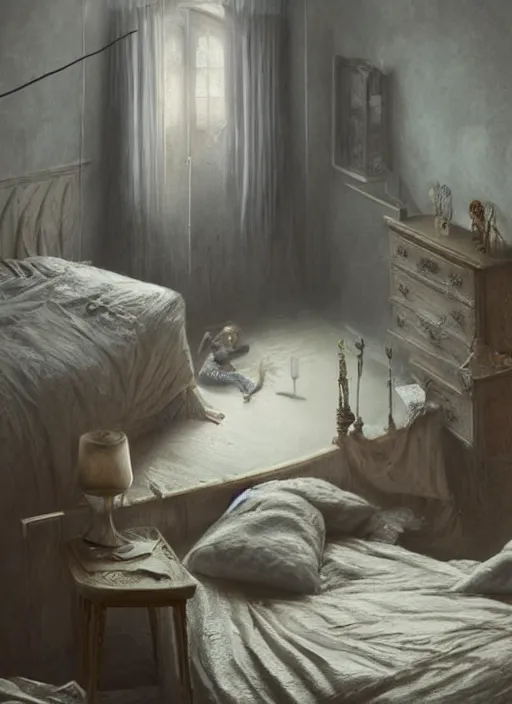 Prompt: a dreary bedroom where the wall behind the bed melts away to reveal fantastical scenes of dreams, dreams invading mundane spaces, fantasy infiltrating reality, bubbles of the impossible, swirls of magic, 8k, ultradetailed, illustrated by Greg Rutkowski and Caspar David Friedrich.