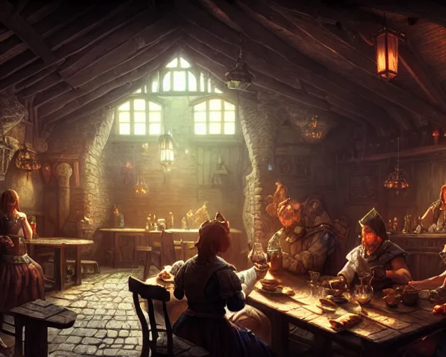 Image similar to a medieval tavern, beautiful, detailed, dark, concept art illustration, color page, tone mapping, akihiko yoshida, james jean, andrei riabovitchev, marc simonetti, digital illustration, greg rutowski, volumetric lighting, sunbeams, particles