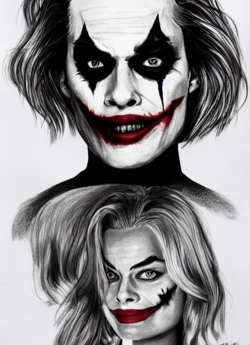 Image similar to a drawing of margot robbie with joker makeup, ace card, realistic face, black and white, hyper realistic, highly detailed