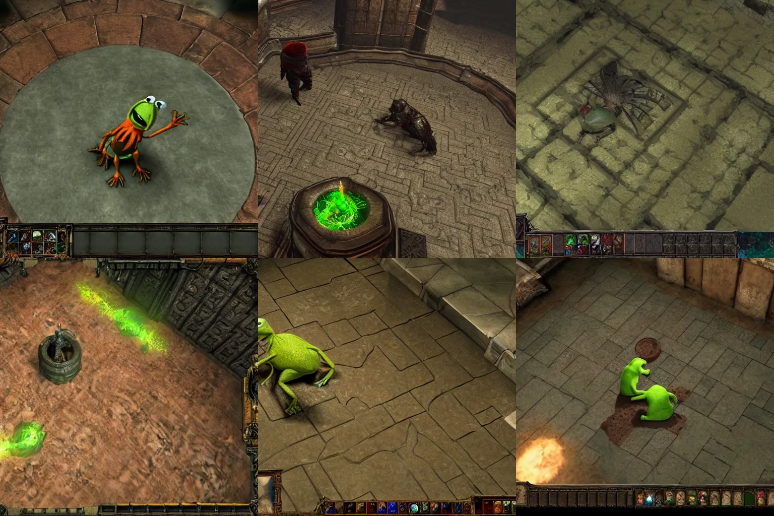 Prompt: Videogame render of Kermit inside Path of exile screenshot, symmetry features