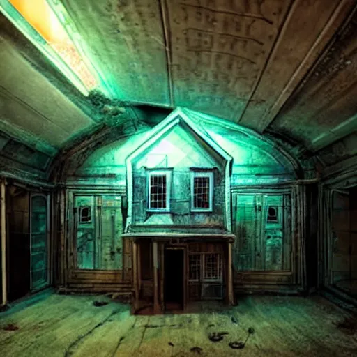 Prompt: the inside of a futuristic haunted house